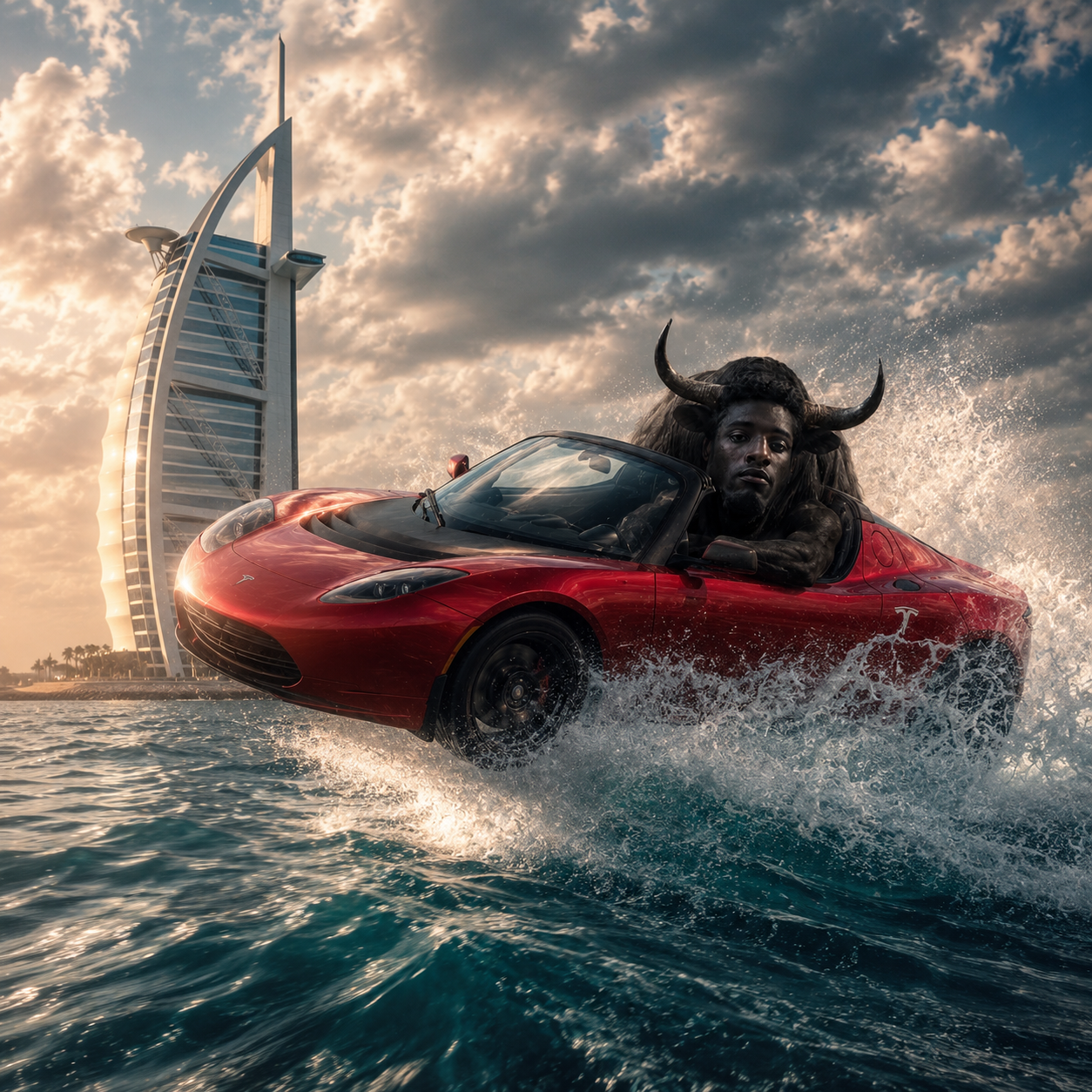 The bull cutting a blue water trail beneath a sail-shaped tower