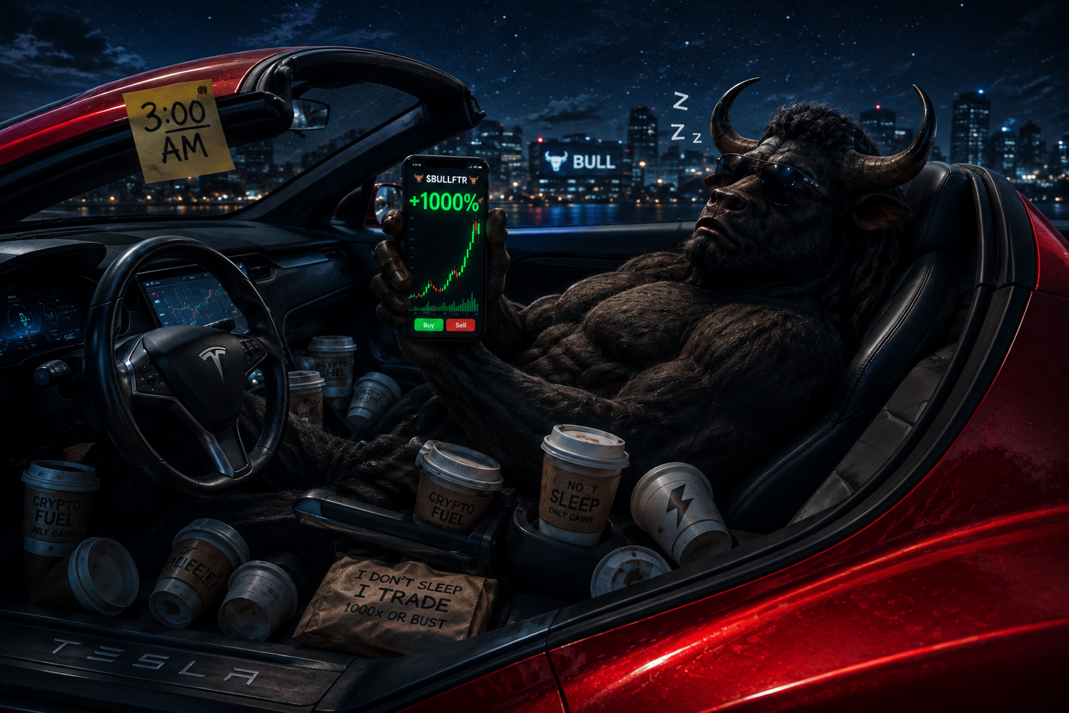 The bull awake at 3:00 AM in a low crimson cabin, city lights behind him