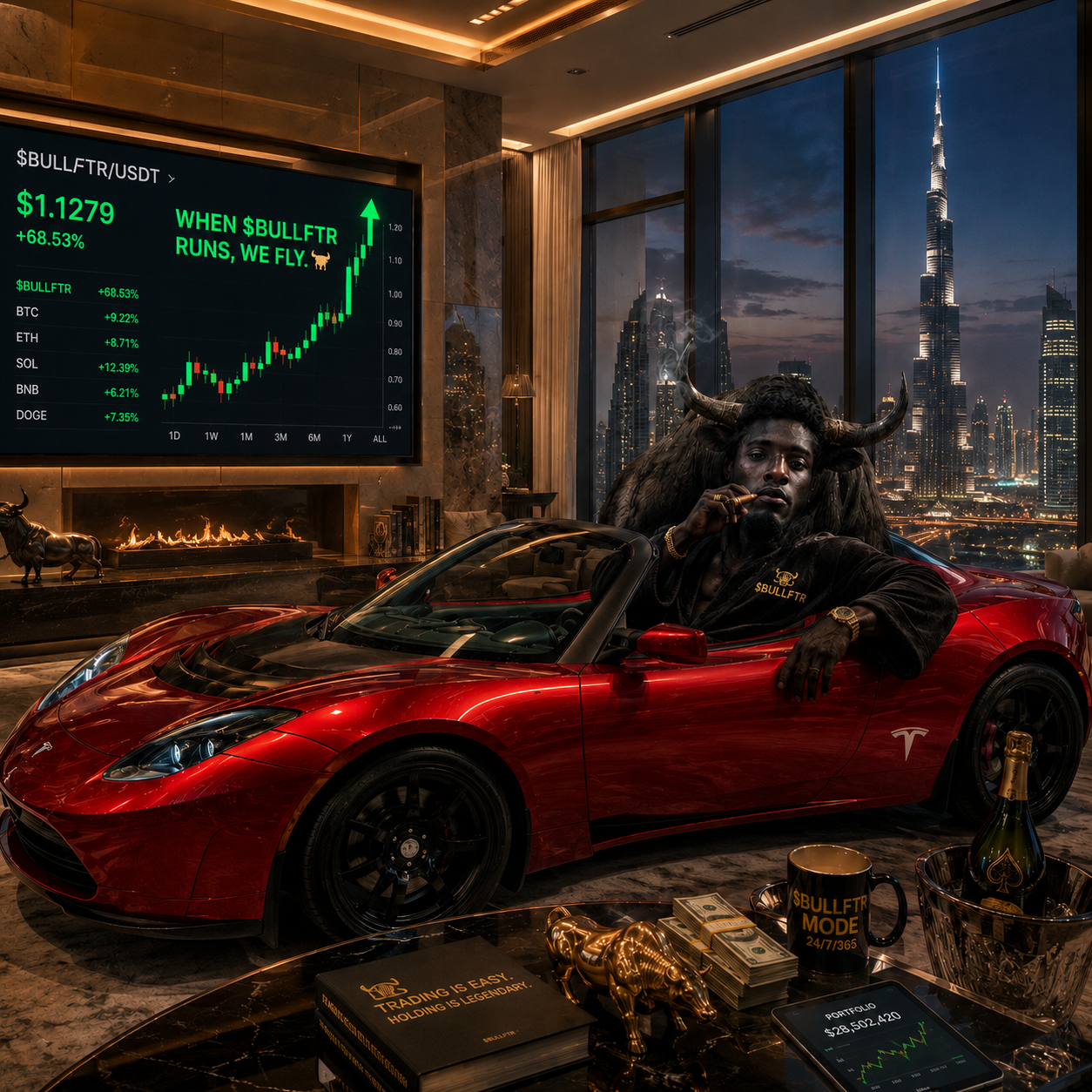 The bull holding the room at night above a skyline of glass towers