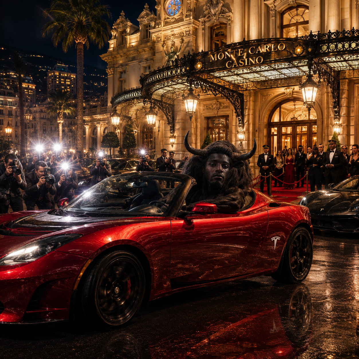 The bull arriving under flashbulbs on a wet red-carpet street